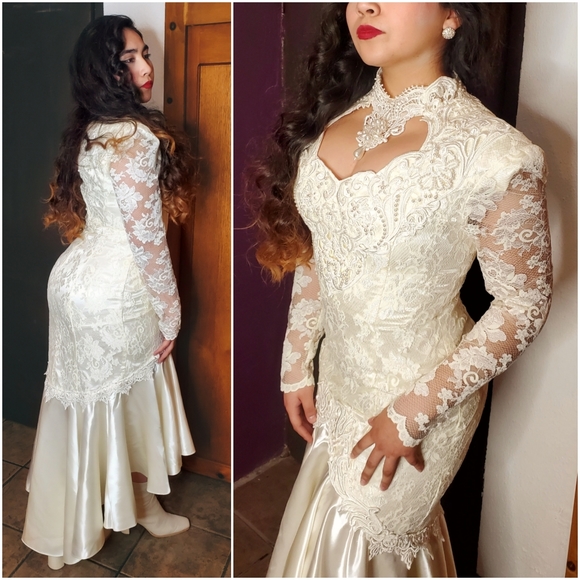 80’s Lace Pearl Halter Drop Waist Wedding Dress by Jessica Mcclintock main image 0